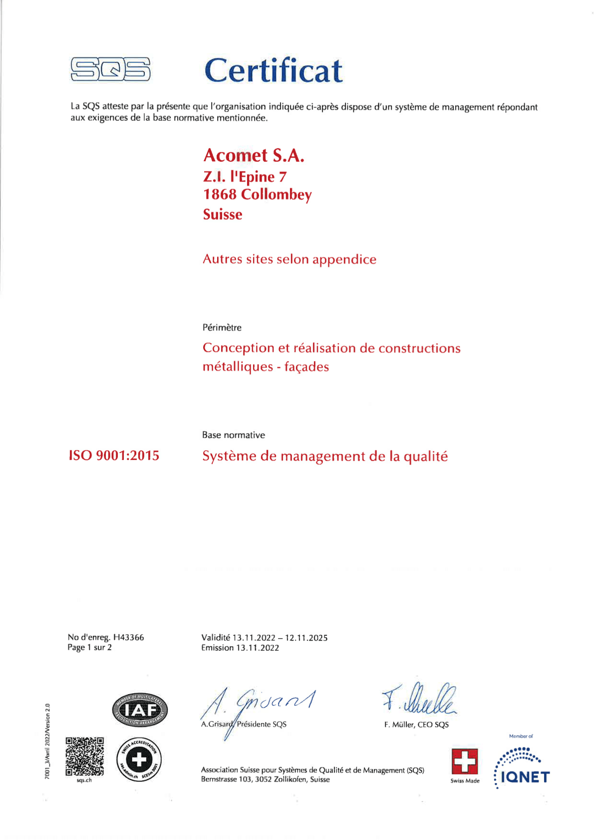 Certificat ISO9001:2008 Acomet SA